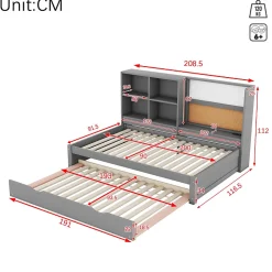 Lit Gigogne 90 x 200 cm - Lit enfant avec Port de Chargement USB et Rangement - Bois de Pin + MDF - Sans Matelas - Gris