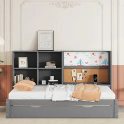 Lit Gigogne 90 x 200 cm - Lit enfant avec Port de Chargement USB et Rangement - Bois de Pin + MDF - Sans Matelas - Gris
