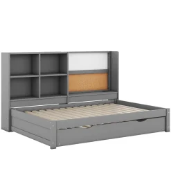 Lit Gigogne 90 x 200 cm - Lit enfant avec Port de Chargement USB et Rangement - Bois de Pin + MDF - Sans Matelas - Gris
