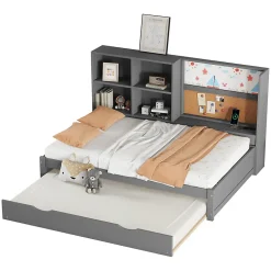 Lit Gigogne 90 x 200 cm - Lit enfant avec Port de Chargement USB et Rangement - Bois de Pin + MDF - Sans Matelas - Gris