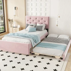 Lit Gigogne 90 x 200 cm - Lit Simple Rembourré avec Roulettes - Velours - Sans Matelas - Rose