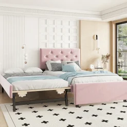 Lit Gigogne 90 x 200 cm - Lit Simple Rembourré avec Roulettes - Velours - Sans Matelas - Rose