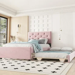 Lit Gigogne 90 x 200 cm - Lit Simple Rembourré avec Roulettes - Velours - Sans Matelas - Rose