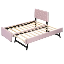 Lit Gigogne 90 x 200 cm - Lit Simple Rembourré avec Roulettes - Velours - Sans Matelas - Rose