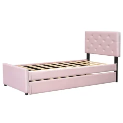 Lit Gigogne 90 x 200 cm - Lit Simple Rembourré avec Roulettes - Velours - Sans Matelas - Rose