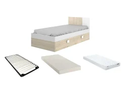 Lit gigogne 2 x 90 x 190 cm - Coloris : Naturel et blanc + matelas + sommier - SONIA