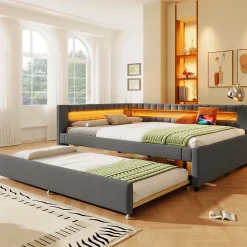 Lit Gigogne Ado 140x200 cm - avec Sommier Coulissant, Bande LED et Ports USB Type-C, Matériaux Lin et MDF, sans Matelas, Gris