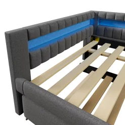 Lit Gigogne Ado 140x200 cm - avec Sommier Coulissant, Bande LED et Ports USB Type-C, Matériaux Lin et MDF, sans Matelas, Gris