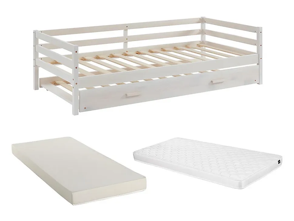 Lit gigogne AEDAN II - 2 x 90 x 190 cm - Pin massif et MDF - Blanchi + matelas