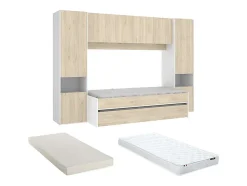 Lit gigogne avec pont de lit SELENA - 90 x 190 cm - Coloris : chêne et blanc + Matelas