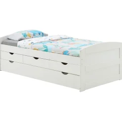 Lit gigogne avec rangements JESSY, 90 x 190 cm en pin massif lasuré blanc