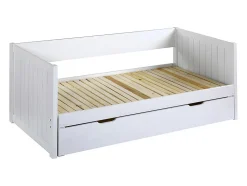 Lit gigogne banquette 90 x 190 ou 174 x 190 cm - Avec sommier peigne et tiroir - Pin et MDF - Blanc - ALFIERO II