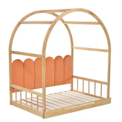 Lit gigogne cabane enfant 140x200 cm avec toit arqué et coussins en velours - pin massif naturel et orange