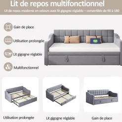 Lit Gigogne Capitonné 2-en-1 90/180x190 cm avec Rangement et Prise USB, Lit Convertible en Velours, Gris