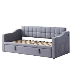 Lit Gigogne Capitonné 2-en-1 90/180x190 cm avec Rangement et Prise USB, Lit Convertible en Velours, Gris