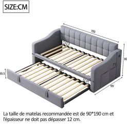 Lit Gigogne Capitonné 2-en-1 90/180x190 cm avec Rangement et Prise USB, Lit Convertible en Velours, Gris