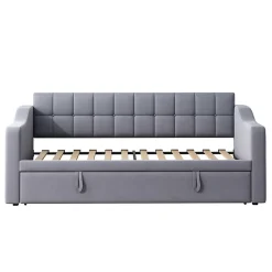 Lit Gigogne Capitonné 2-en-1 90/180x190 cm avec Rangement et Prise USB, Lit Convertible en Velours, Gris