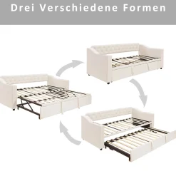 Lit Gigogne Capitonné 90x190 cm en Velours avec Rangement et Prise USB, Lit Multifonction Convertible 90/180 cm, Beige