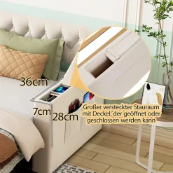 Lit Gigogne Capitonné 90x190 cm en Velours avec Rangement et Prise USB, Lit Multifonction Convertible 90/180 cm, Beige