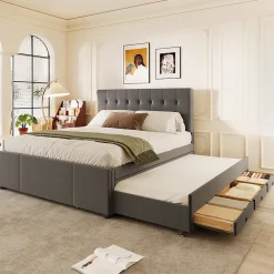 Lit Gigogne Double 140x200 cm - 3 Tiroirs de Rangement et Tête de Lit Réglable, Rembourré en Tissu Lin, sans Matelas, Gris