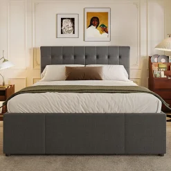 Lit Gigogne Double 140x200 cm - 3 Tiroirs de Rangement et Tête de Lit Réglable, Rembourré en Tissu Lin, sans Matelas, Gris