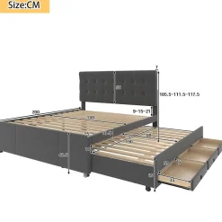 Lit Gigogne Double 140x200 cm - 3 Tiroirs de Rangement et Tête de Lit Réglable, Rembourré en Tissu Lin, sans Matelas, Gris