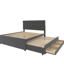 Lit Gigogne Double 140x200 cm - 3 Tiroirs de Rangement et Tête de Lit Réglable, Rembourré en Tissu Lin, sans Matelas, Gris