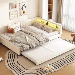 Lit Gigogne Double 140x200 cm - Ports USB Type-C et Éclairage LED d'Ambiance, Compartiment de Rangement, Lin, sans Matelas - Beige