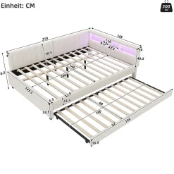 Lit Gigogne Double 140x200 cm - Ports USB Type-C et Éclairage LED d'Ambiance, Compartiment de Rangement, Lin, sans Matelas - Beige