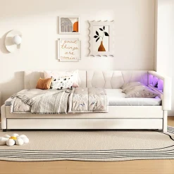 Lit Gigogne Double 140x200 cm - Ports USB Type-C et Éclairage LED d'Ambiance, Compartiment de Rangement, Lin, sans Matelas - Beige