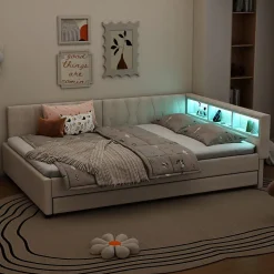 Lit Gigogne Double 140x200 cm - Ports USB Type-C et Éclairage LED d'Ambiance, Compartiment de Rangement, Lin, sans Matelas - Beige