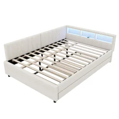 Lit Gigogne Double 140x200 cm - Ports USB Type-C et Éclairage LED d'Ambiance, Compartiment de Rangement, Lin, sans Matelas - Beige