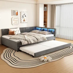 Lit Gigogne Double 140x200 cm - Ports USB Type-C et Éclairage LED d'Ambiance, Compartiment de Rangement, Lin - sans Matelas - Gris