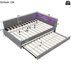 Lit Gigogne Double 140x200 cm - Ports USB Type-C et Éclairage LED d'Ambiance, Compartiment de Rangement, Lin - sans Matelas - Gris