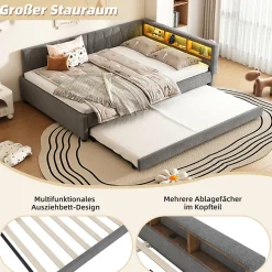 Lit Gigogne Double 140x200 cm - Ports USB Type-C et Éclairage LED d'Ambiance, Compartiment de Rangement, Lin - sans Matelas - Gris