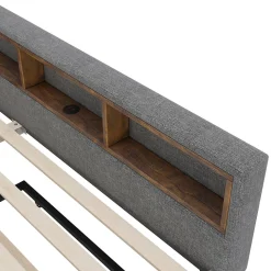 Lit Gigogne Double 140x200 cm - Ports USB Type-C et Éclairage LED d'Ambiance, Compartiment de Rangement, Lin - sans Matelas - Gris