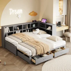 Lit Gigogne en Bois 90/180x190 cm - Lit Enfant avec Rangement, Tiroirs et Prise Électrique, Sommier à Lattes, Gris