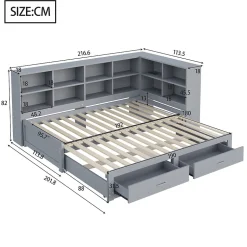 Lit Gigogne en Bois 90/180x190 cm - Lit Enfant avec Rangement, Tiroirs et Prise Électrique, Sommier à Lattes, Gris