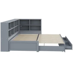 Lit Gigogne en Bois 90/180x190 cm - Lit Enfant avec Rangement, Tiroirs et Prise Électrique, Sommier à Lattes, Gris