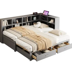 Lit Gigogne en Bois 90/180x190 cm - Lit Enfant avec Rangement, Tiroirs et Prise Électrique, Sommier à Lattes, Gris