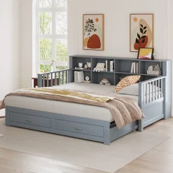 Lit Gigogne en Bois 90/180x190 cm Extensible avec Tiroirs et Prise USB, Lit Multifonction avec Rangement, Gris