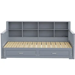 Lit Gigogne en Bois 90/180x190 cm Extensible avec Tiroirs et Prise USB, Lit Multifonction avec Rangement, Gris