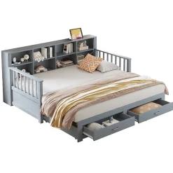 Lit Gigogne en Bois 90/180x190 cm Extensible avec Tiroirs et Prise USB, Lit Multifonction avec Rangement, Gris