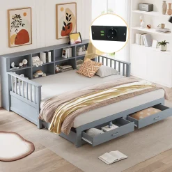 Lit Gigogne en Bois 90/180x190 cm Extensible avec Tiroirs et Prise USB, Lit Multifonction avec Rangement, Gris