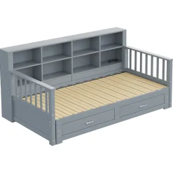Lit Gigogne en Bois 90/180x190 cm Extensible avec Tiroirs et Prise USB, Lit Multifonction avec Rangement, Gris
