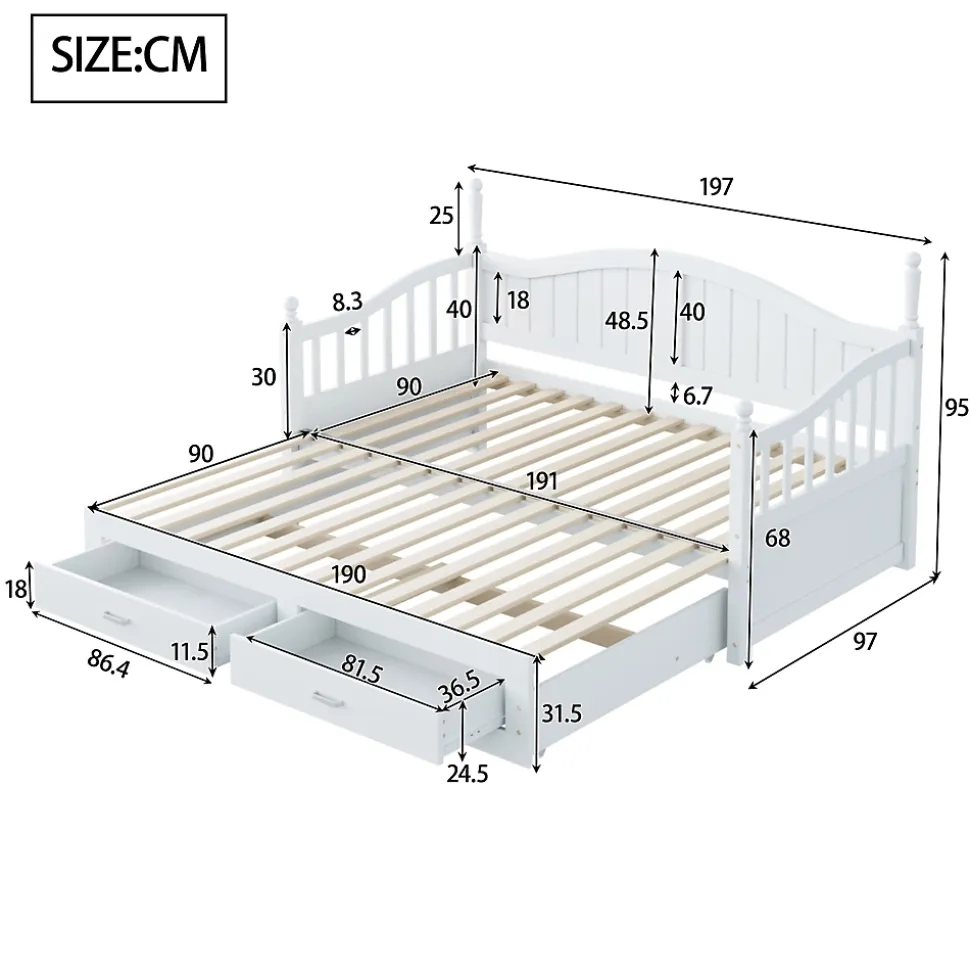 Lit Gigogne en Bois 90/180x190 cm Extensible avec Tiroirs et Sommier Intégré, Lit Multifonction pour enfant ou Adulte, Blanc