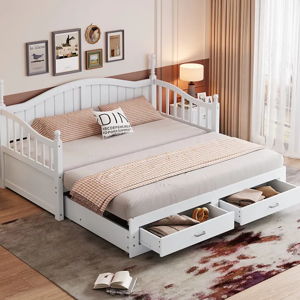 Lit Gigogne en Bois 90/180x190 cm Extensible avec Tiroirs et Sommier Intégré, Lit Multifonction pour enfant ou Adulte, Blanc