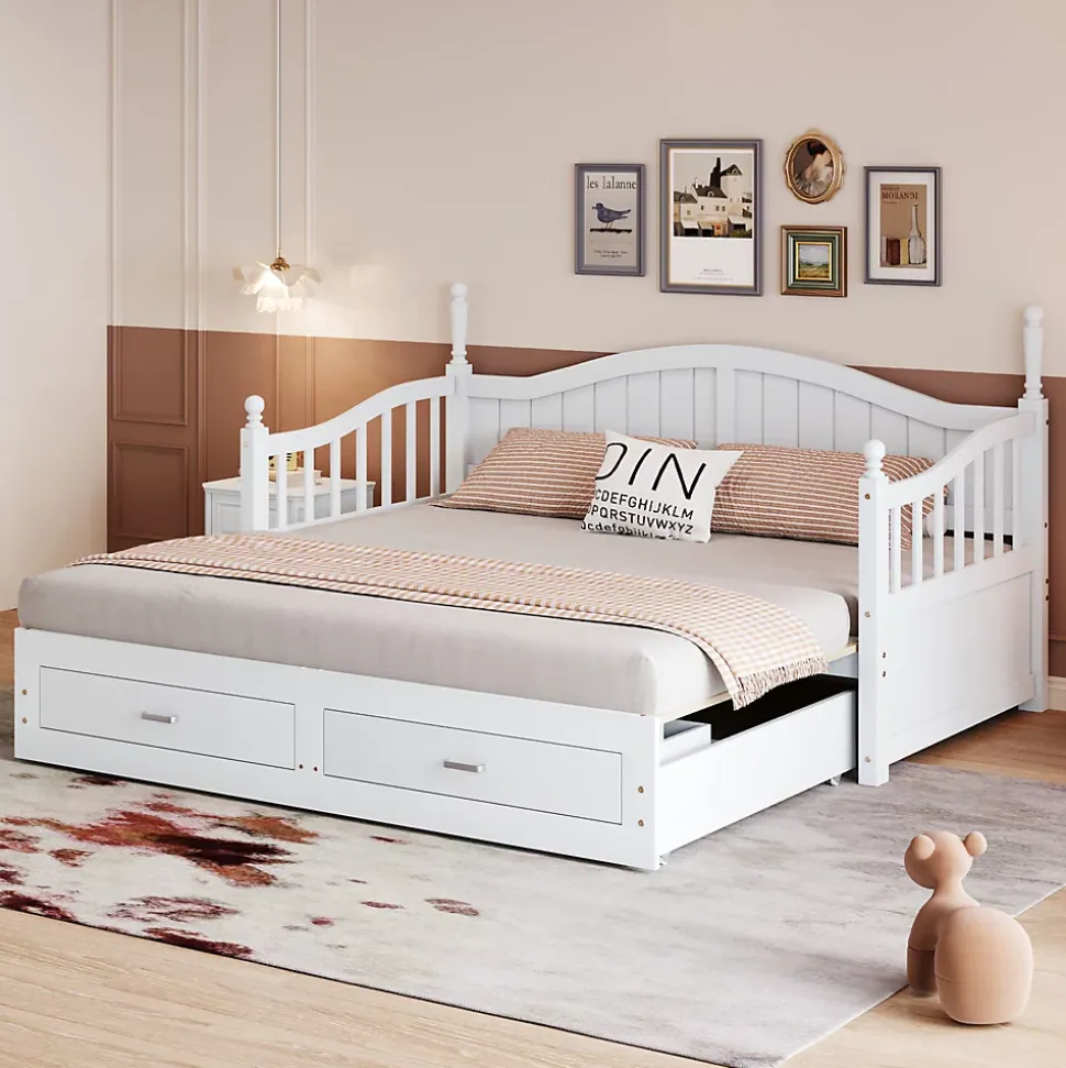 Lit Gigogne en Bois 90/180x190 cm Extensible avec Tiroirs et Sommier Intégré, Lit Multifonction pour enfant ou Adulte, Blanc