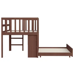 Lit Gigogne enfant 90x200 cm avec Lit Tiroir, Échelle, Tableau à Gribouillis et Rangement Intégré - Sans Matelas - Bois Marron