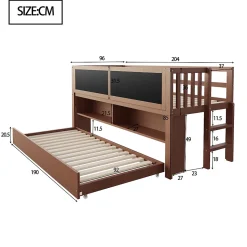 Lit Gigogne enfant 90x200 cm avec Lit Tiroir, Échelle, Tableau à Gribouillis et Rangement Intégré - Sans Matelas - Bois Marron